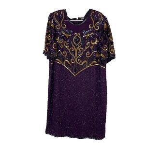 Laurence Kazar Vintage Womens‎ Evening Cocktail Dress Size 2X Beaded Silk Purple